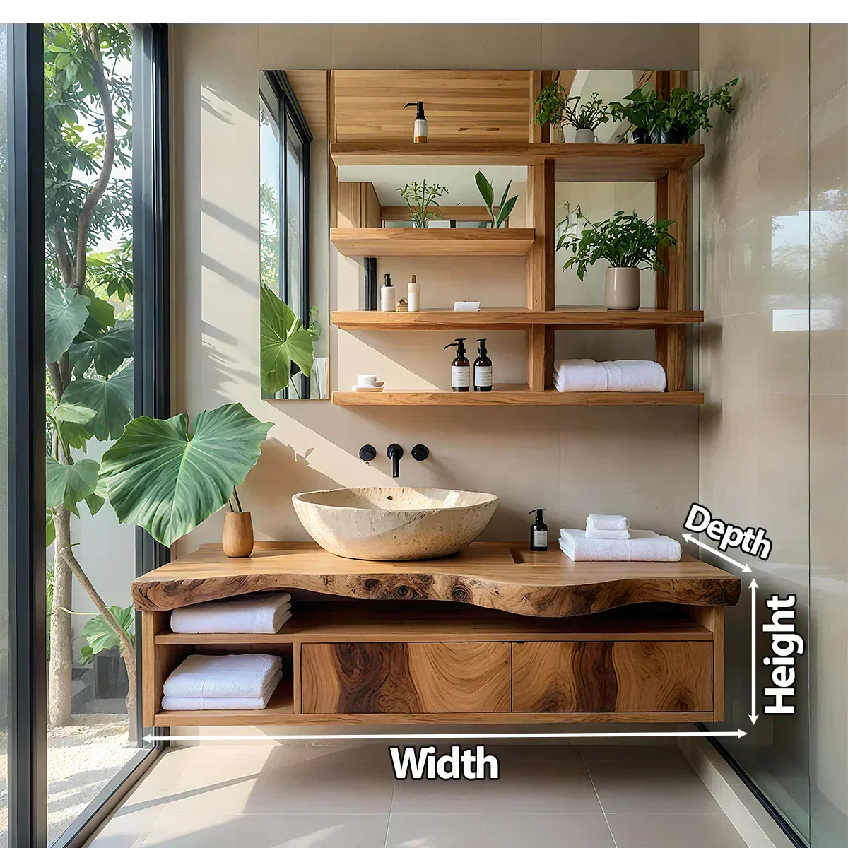 Live Edge Floating Wood Vanity with Shelves – Japandi Spa Sink Console - Rustiracraft 