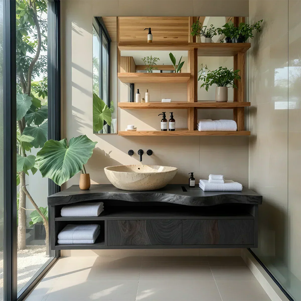 Live Edge Floating Wood Vanity with Shelves – Japandi Spa Sink Console - Rustiracraft 