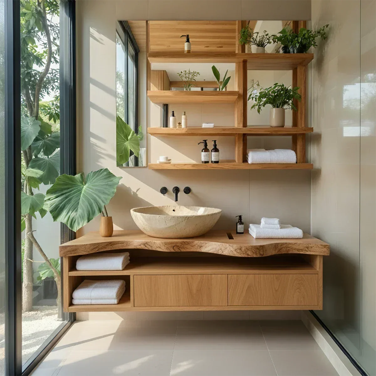 Live Edge Floating Wood Vanity with Shelves – Japandi Spa Sink Console - Rustiracraft 