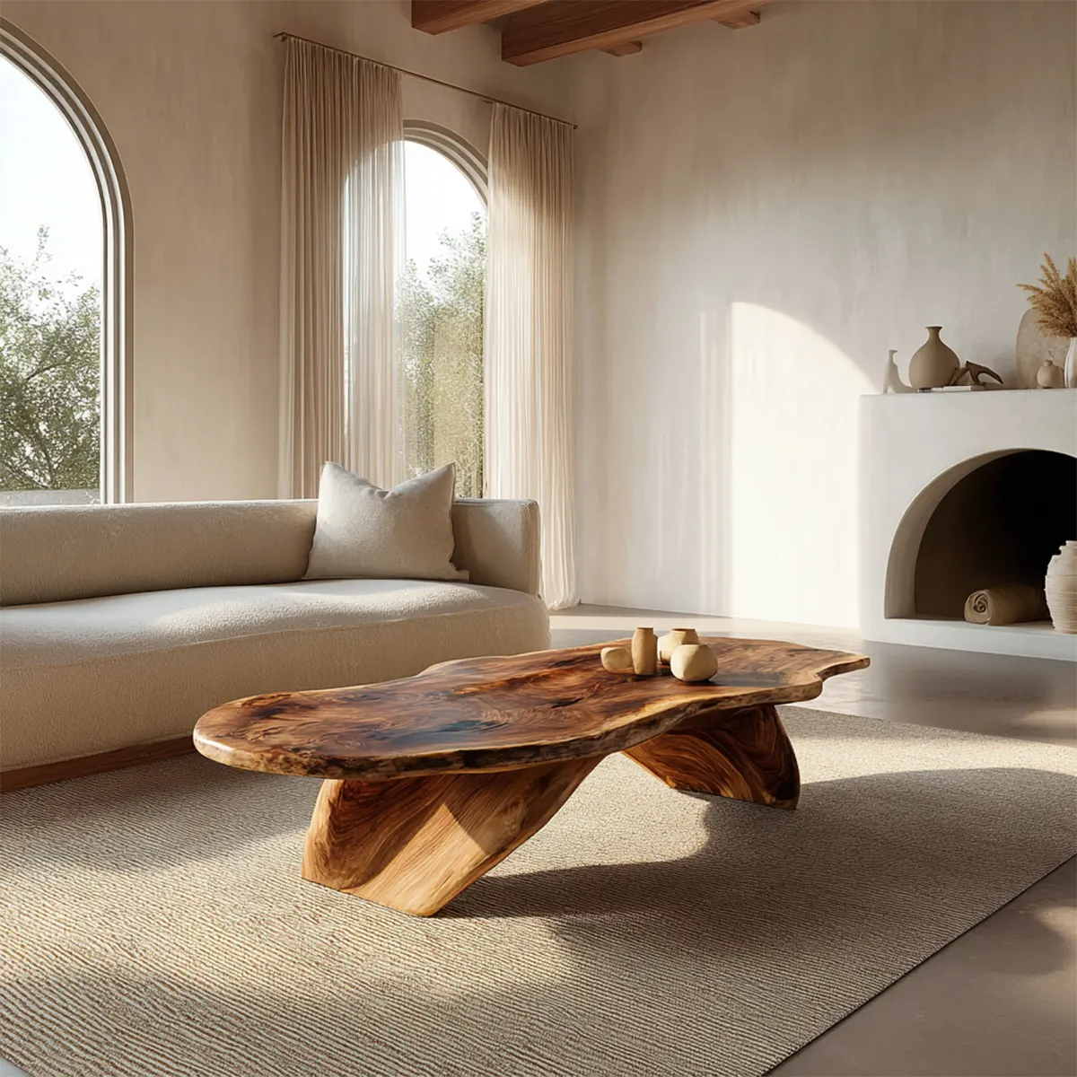 Live Edge Natural Solid Wood Coffee Table with Organic Sculptural Base - Rustiracraft 