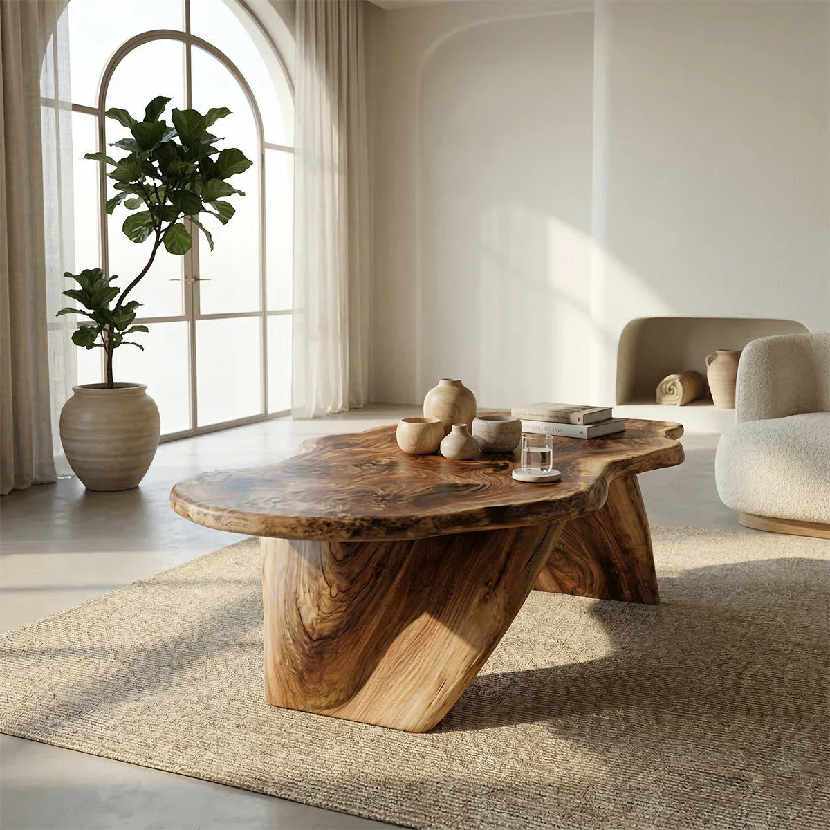 Live Edge Natural Solid Wood Coffee Table with Organic Sculptural Base - Rustiracraft 