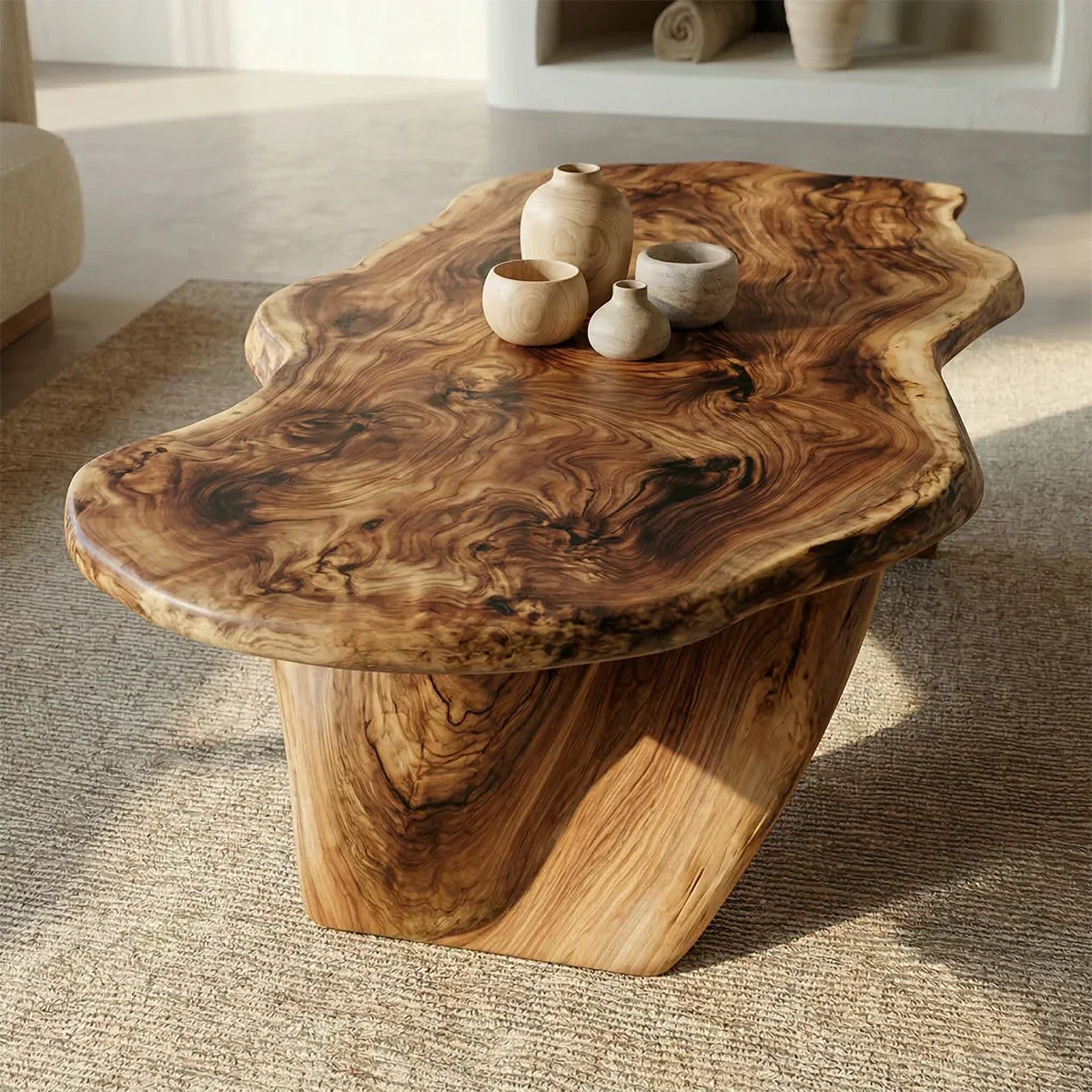 Live Edge Natural Solid Wood Coffee Table with Organic Sculptural Base - Rustiracraft 