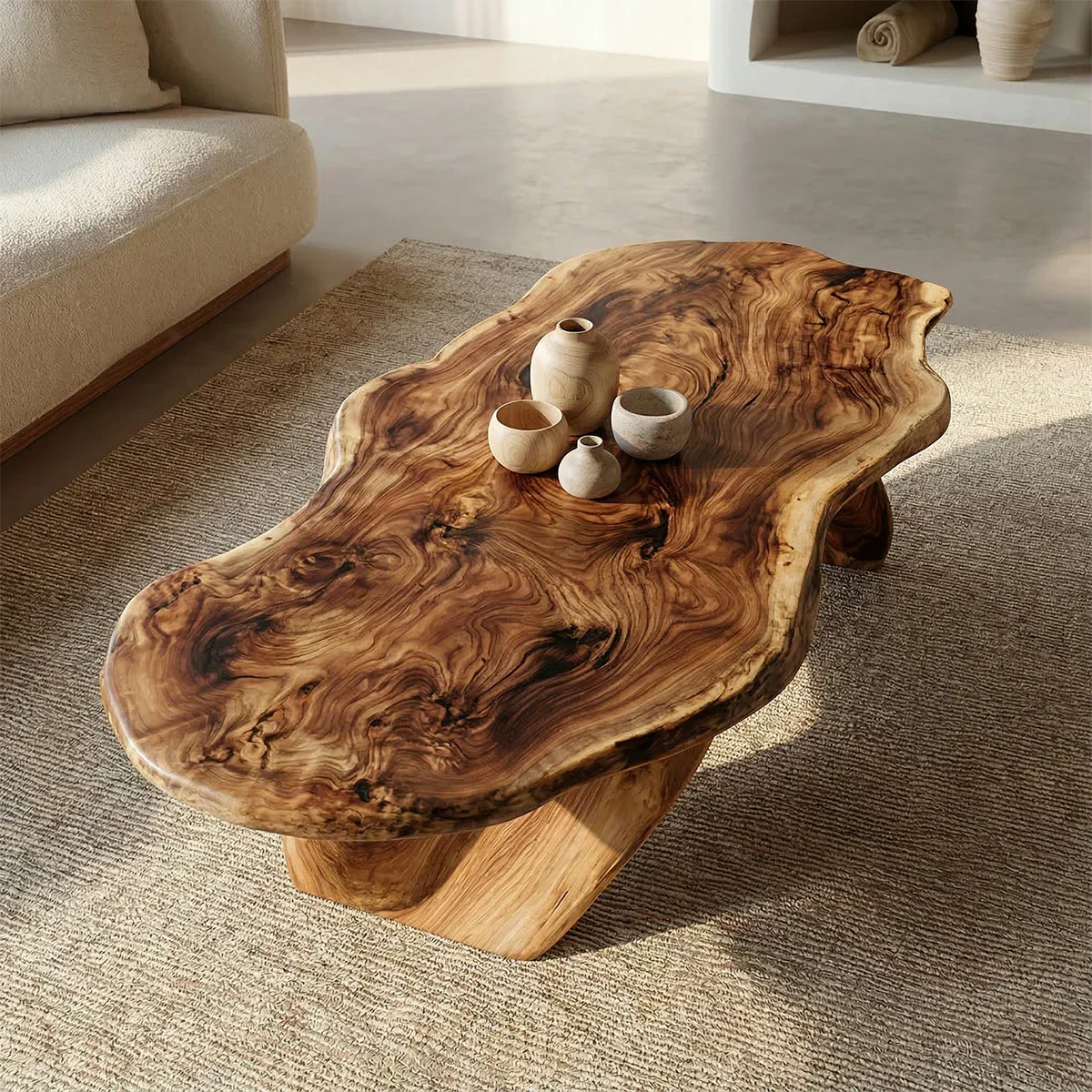 Live Edge Natural Solid Wood Coffee Table with Organic Sculptural Base - Rustiracraft 