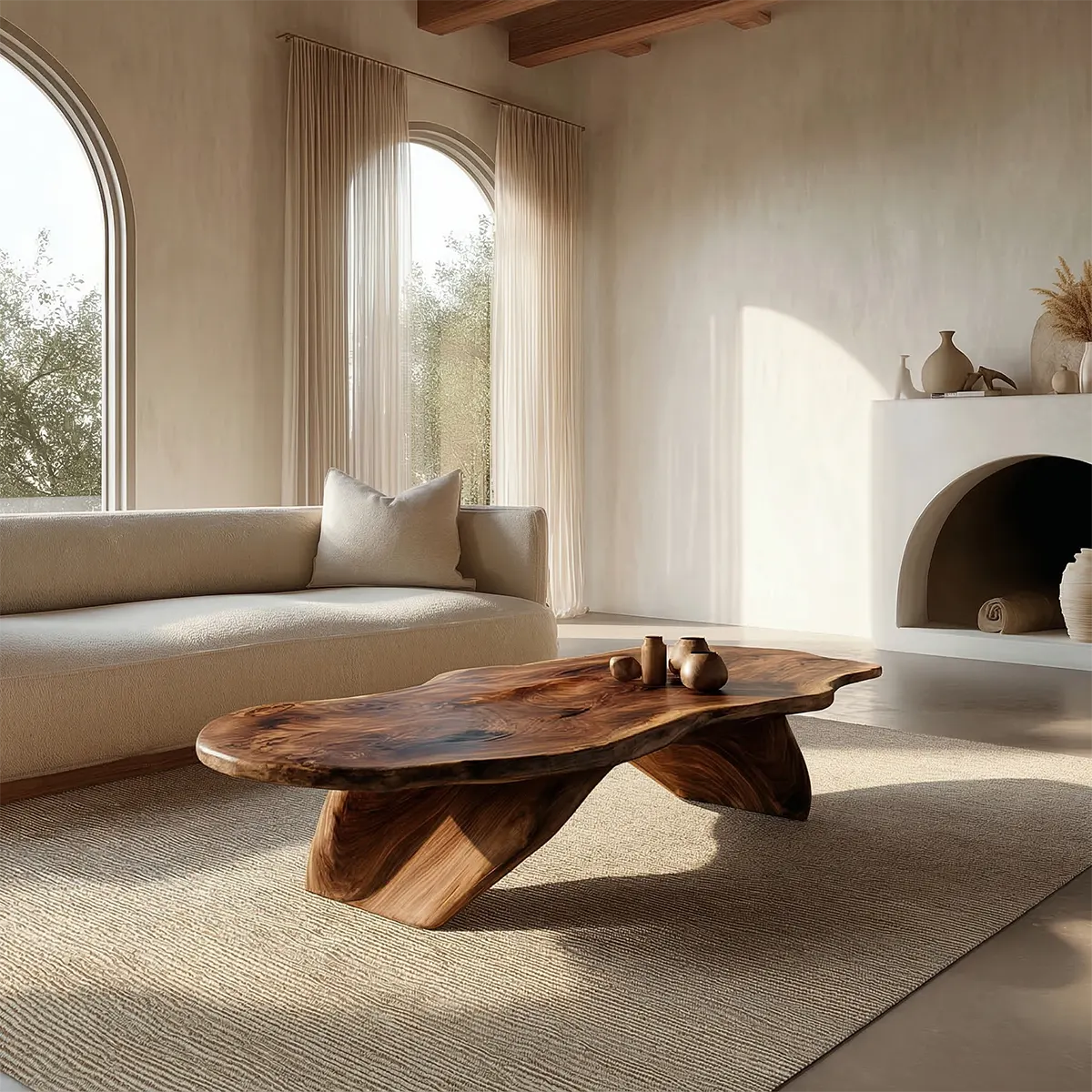 Live Edge Natural Solid Wood Coffee Table with Organic Sculptural Base - Rustiracraft 