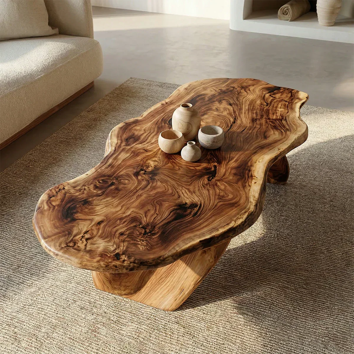 Live Edge Natural Solid Wood Coffee Table with Organic Sculptural Base - Rustiracraft