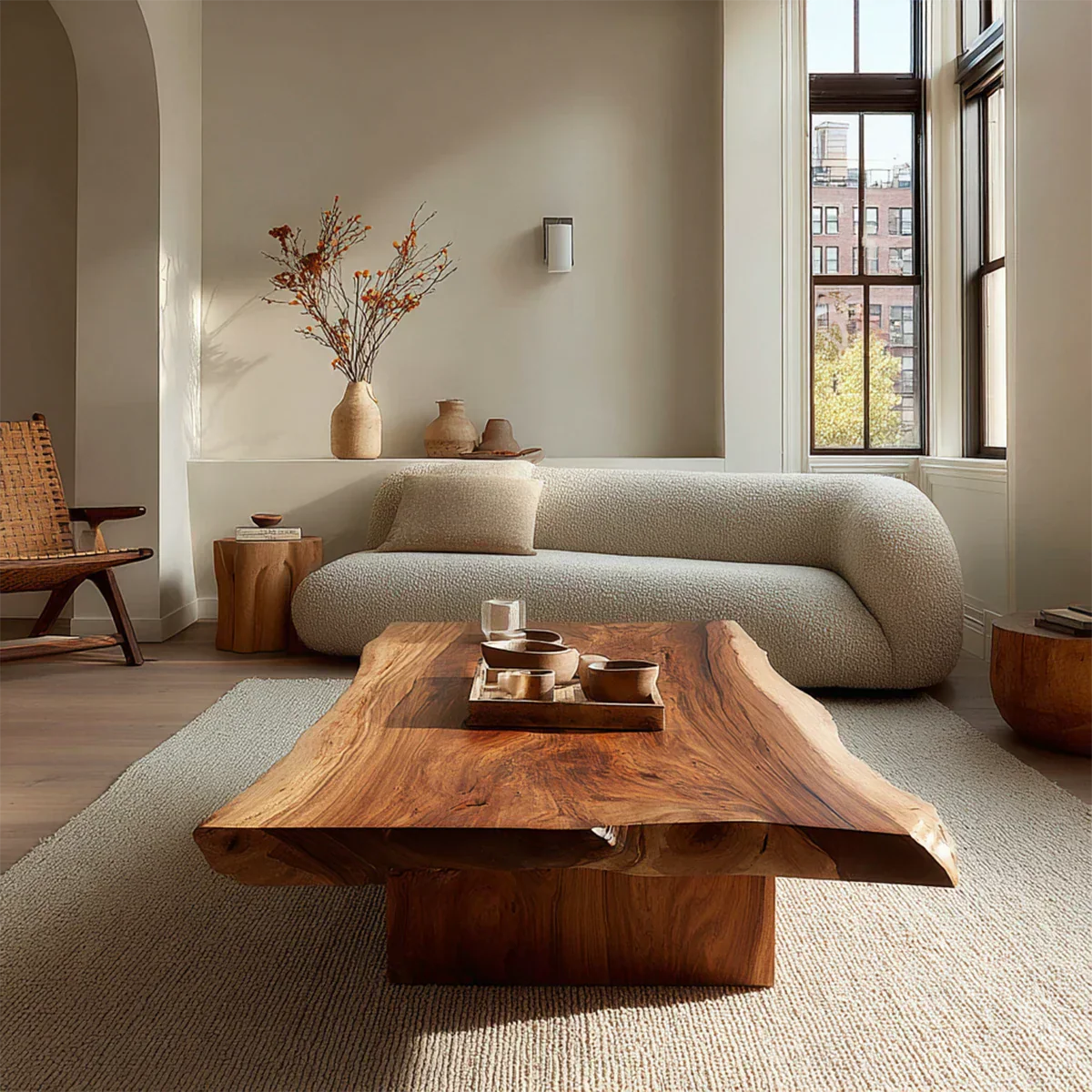 Live Edge Natural Solid Wood Coffee Table with Sculptural Block Base - Rustiracraft 