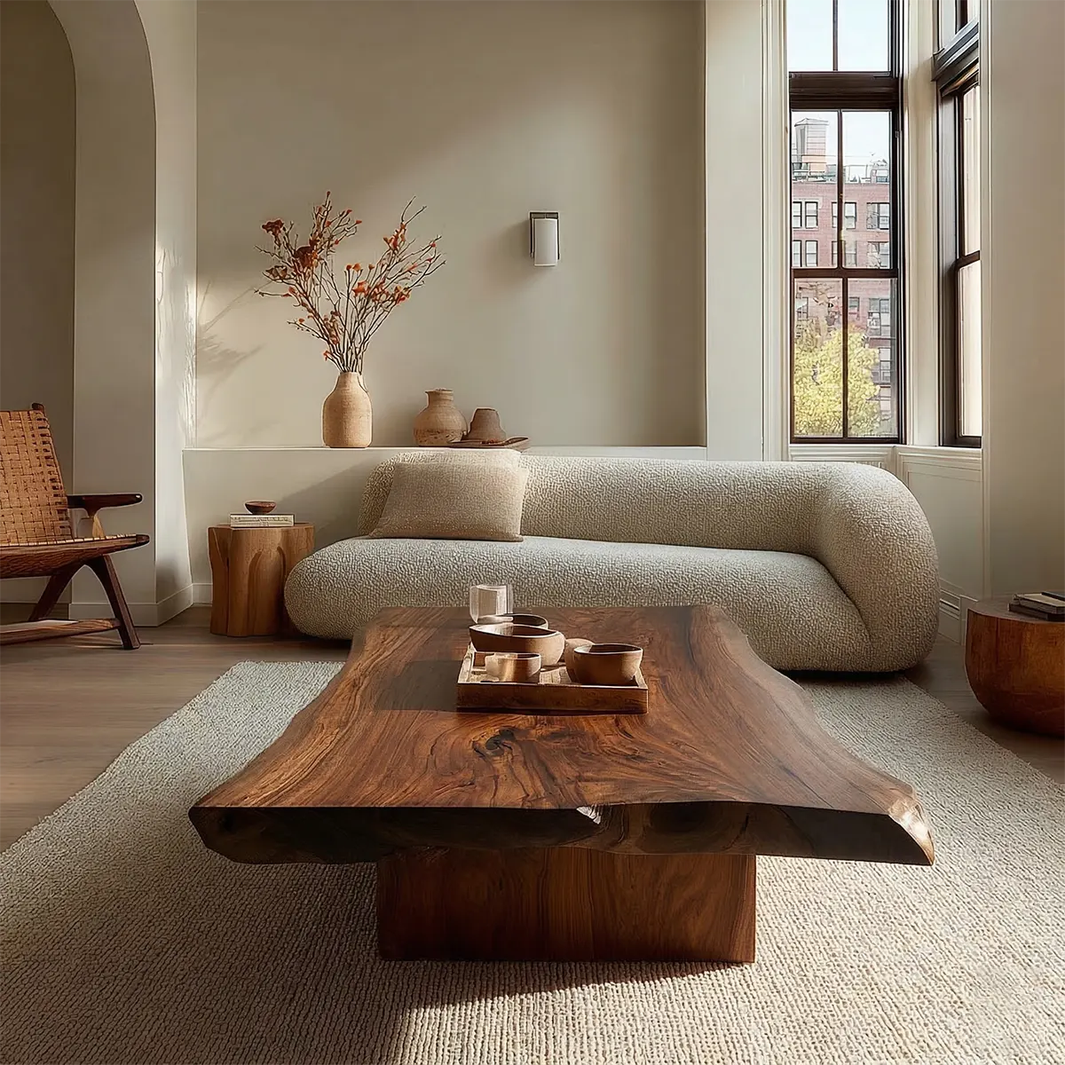 Live Edge Natural Solid Wood Coffee Table with Sculptural Block Base - Rustiracraft 