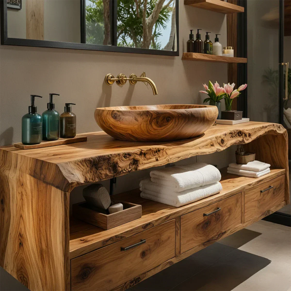 Live Edge Natural Solid Wood Floating Bathroom Vanity - Rustiracraft 
