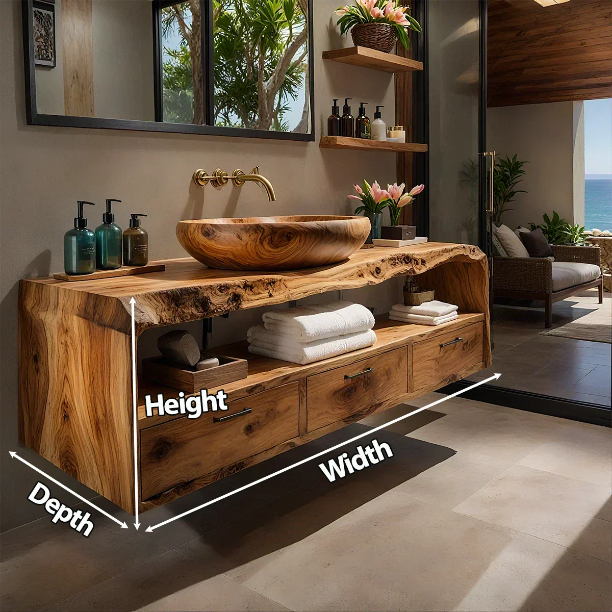 Live Edge Natural Solid Wood Floating Bathroom Vanity - Rustiracraft 
