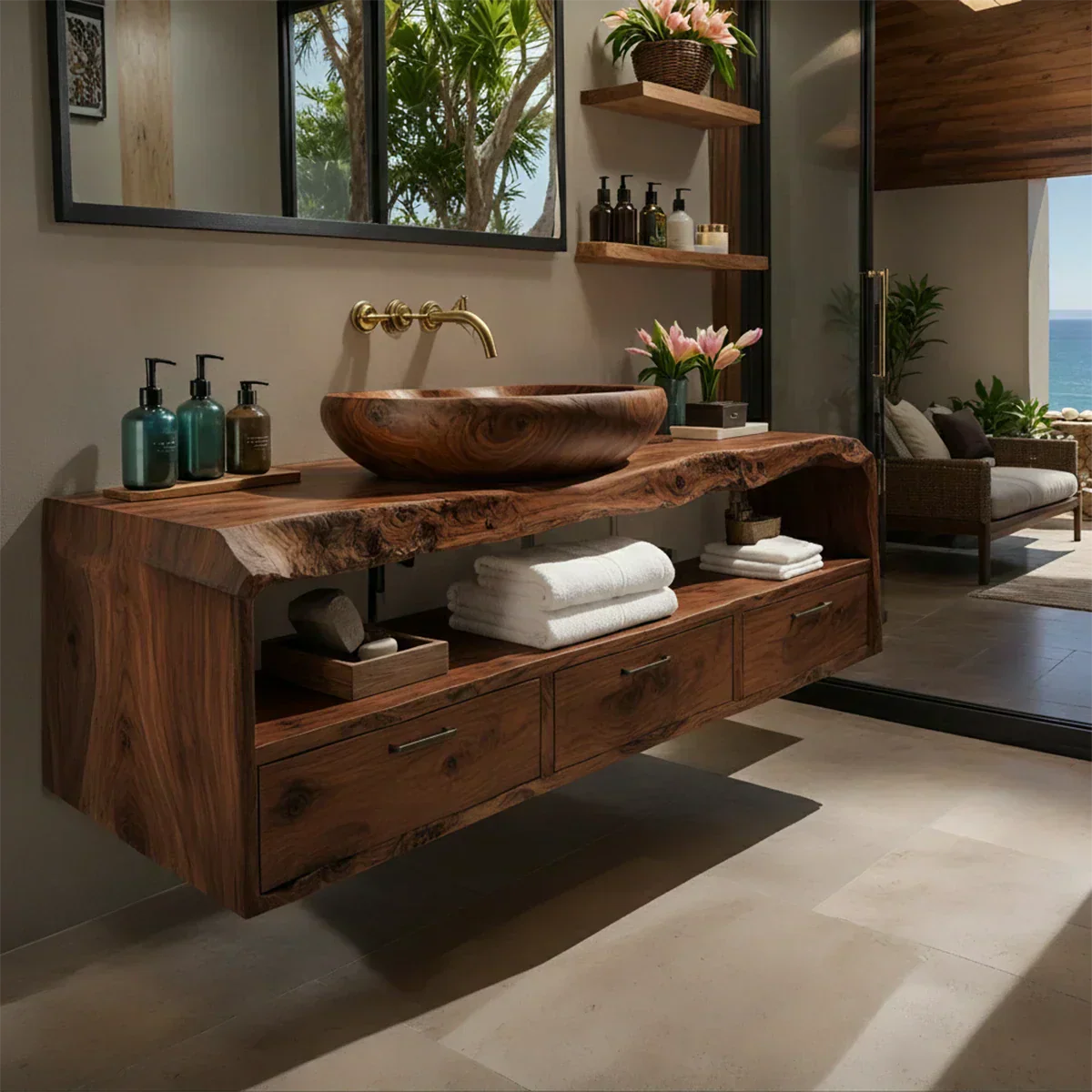 Live Edge Natural Solid Wood Floating Bathroom Vanity - Rustiracraft 