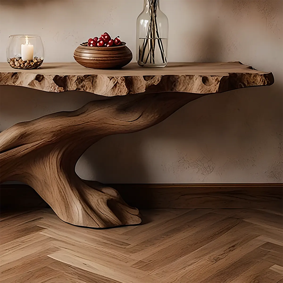Live Edge Oak Console Table – Root Twist Sculptural Base - Rustiracraft 