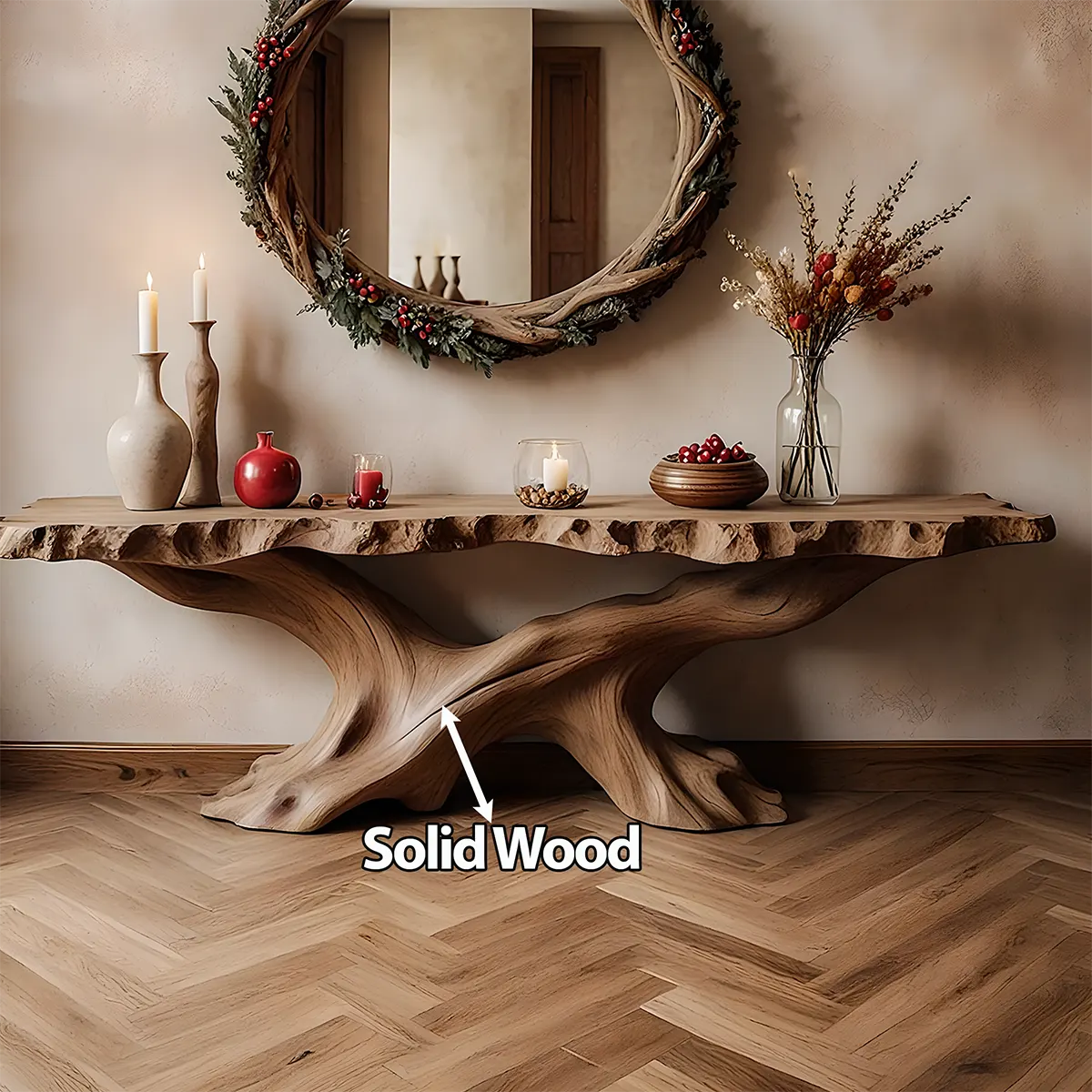 Live Edge Oak Console Table – Root Twist Sculptural Base - Rustiracraft 