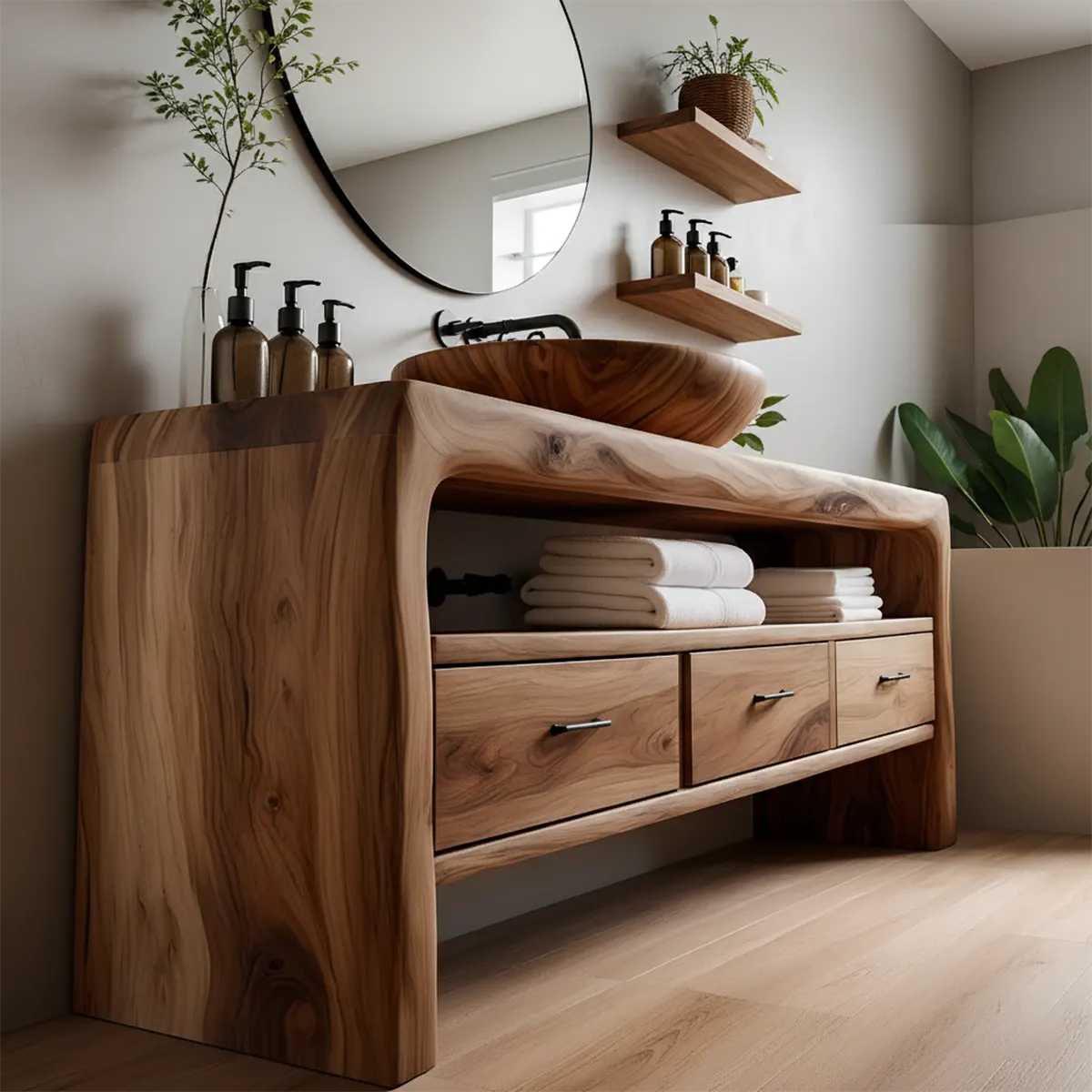 Live Edge Organic Solid Wood Bathroom Vanity With Drawers & Open Shelf - Rustiracraft 