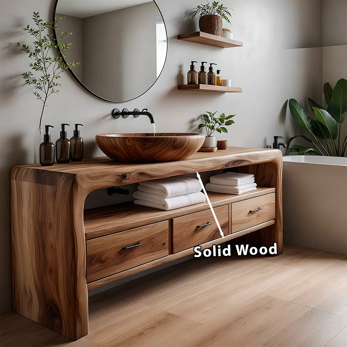 Live Edge Organic Solid Wood Bathroom Vanity With Drawers & Open Shelf - Rustiracraft 