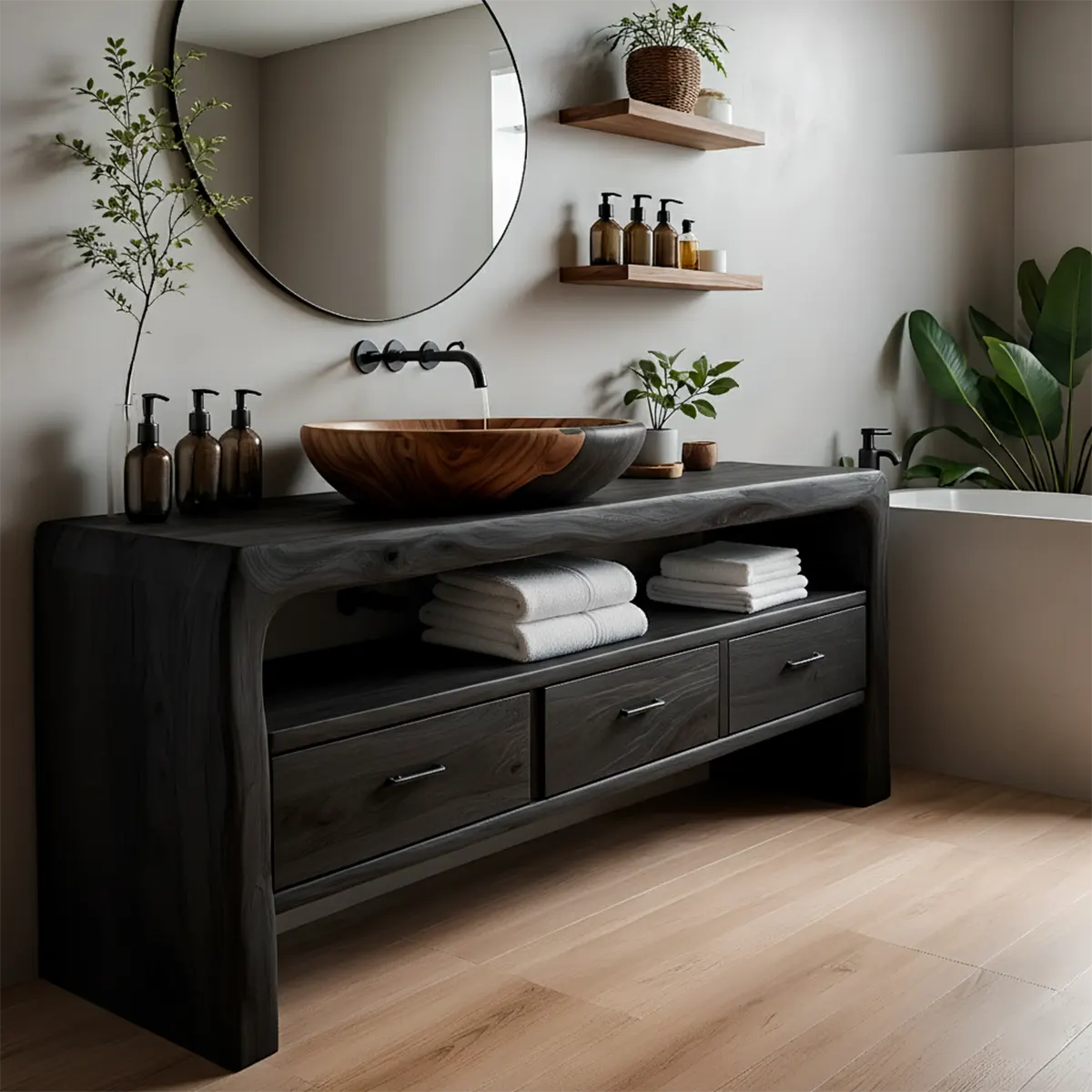 Live Edge Organic Solid Wood Bathroom Vanity With Drawers & Open Shelf - Rustiracraft 
