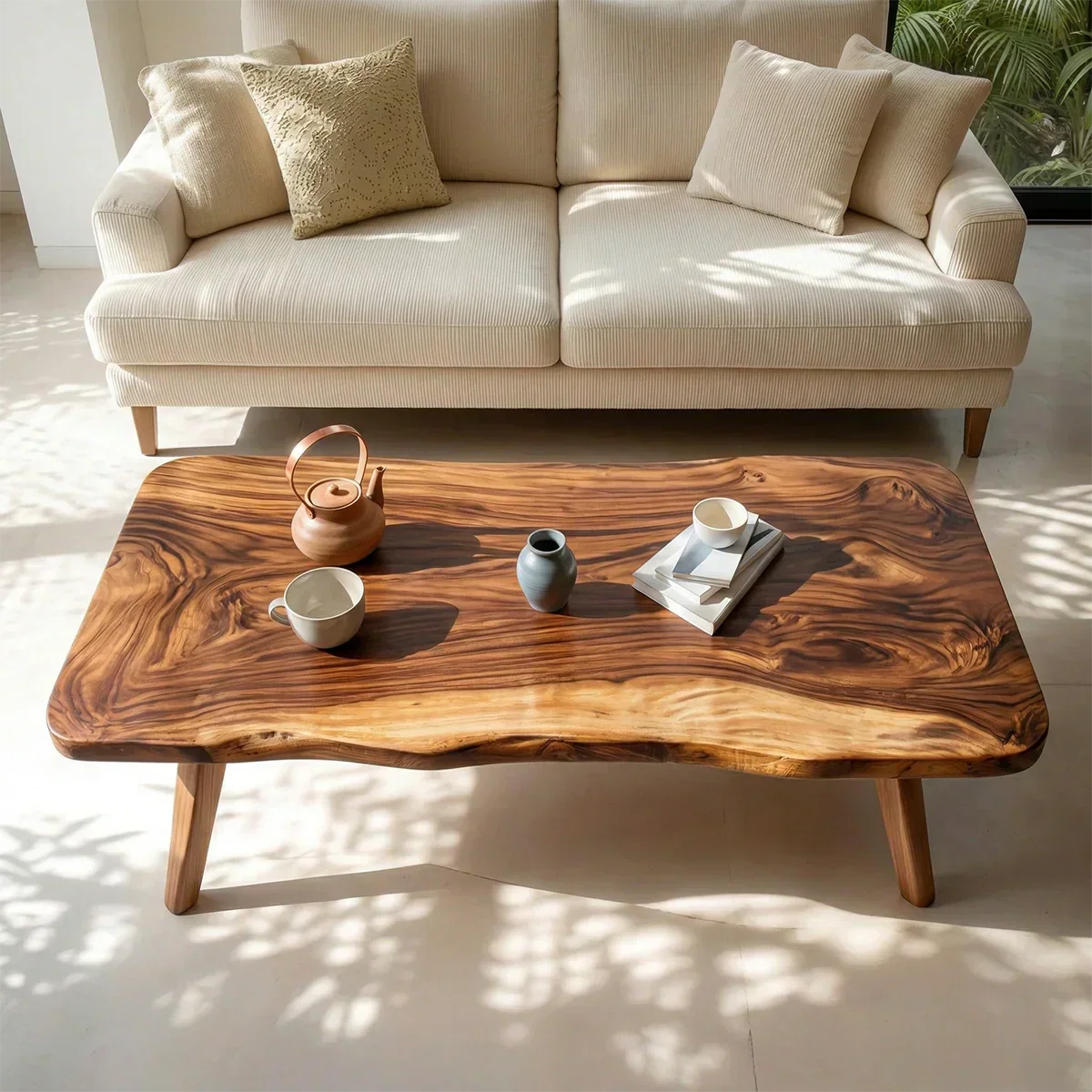 Live Edge Slab Coffee Table with Angled Legs in Natural Solid Wood - Rustiracraft 