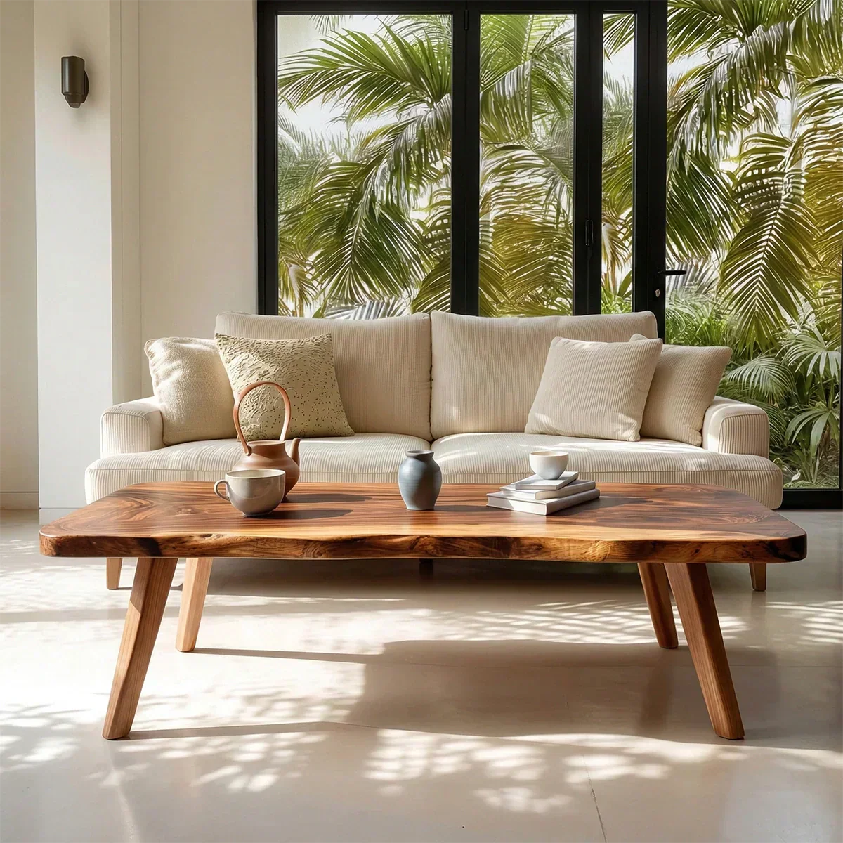 Live Edge Slab Coffee Table with Angled Legs in Natural Solid Wood - Rustiracraft 