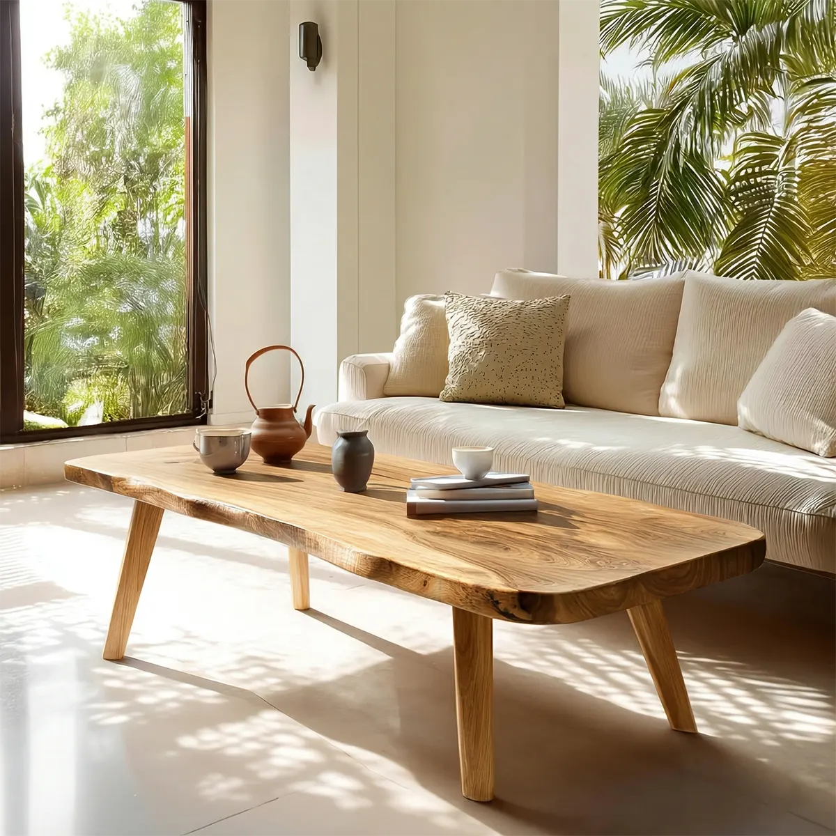 Live Edge Slab Coffee Table with Angled Legs in Natural Solid Wood - Rustiracraft 