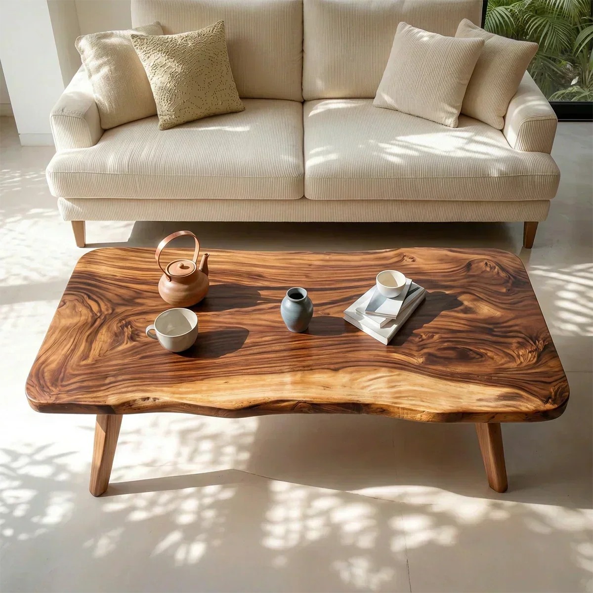Live Edge Slab Coffee Table with Angled Legs in Natural Solid Wood - Rustiracraft