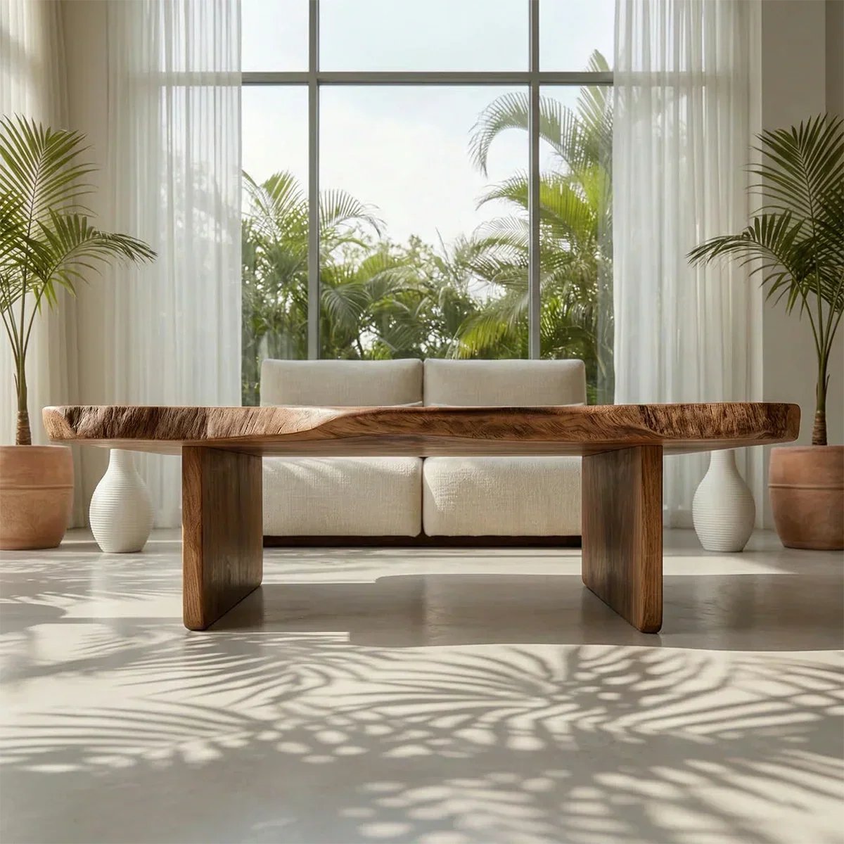 Live Edge Slab Coffee Table with Double Block Base in Natural Solid Wood - Rustiracraft 