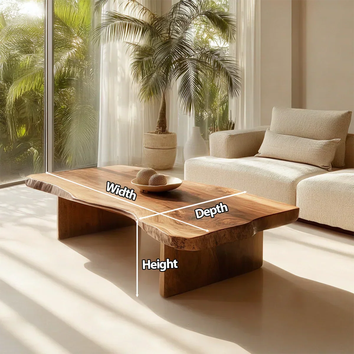 Live Edge Slab Coffee Table with Double Block Base in Natural Solid Wood - Rustiracraft 