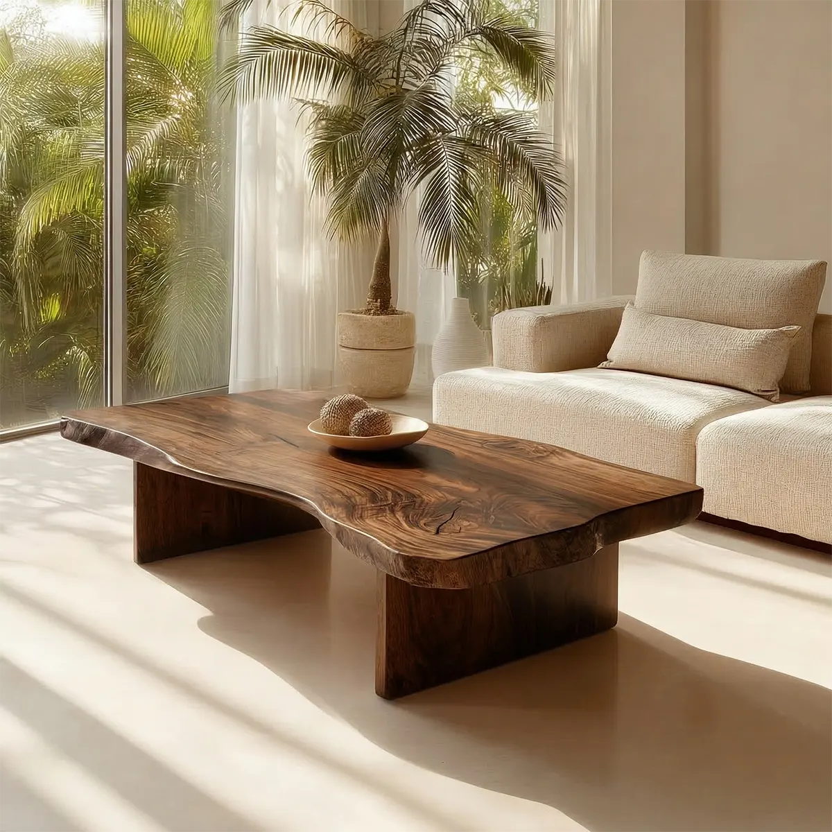 Live Edge Slab Coffee Table with Double Block Base in Natural Solid Wood - Rustiracraft 
