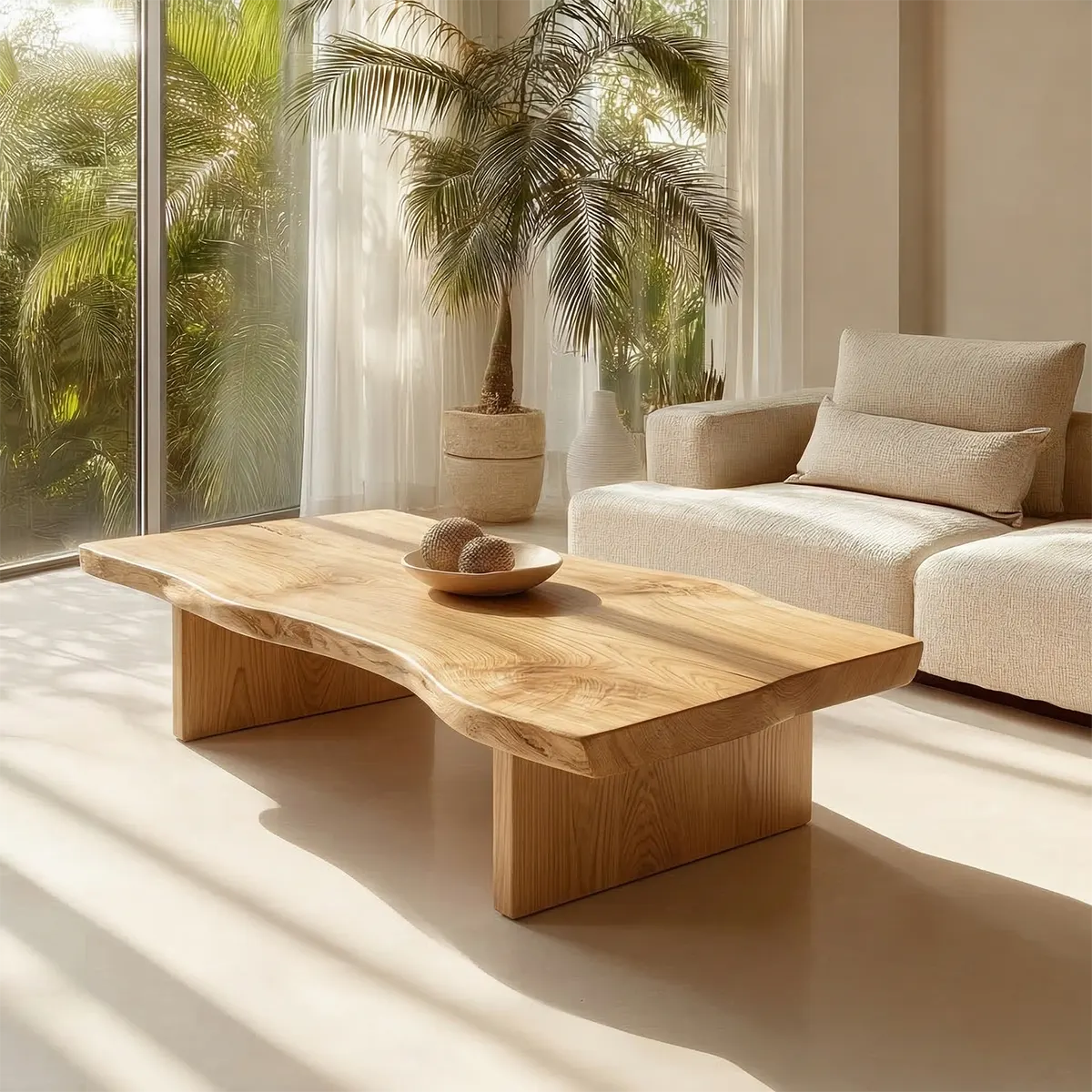 Live Edge Slab Coffee Table with Double Block Base in Natural Solid Wood - Rustiracraft 