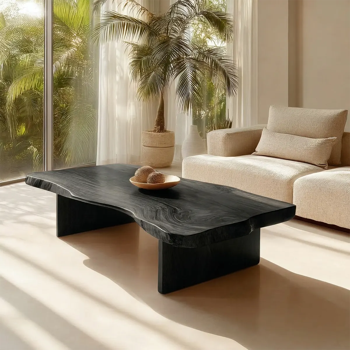 Live Edge Slab Coffee Table with Double Block Base in Natural Solid Wood - Rustiracraft 