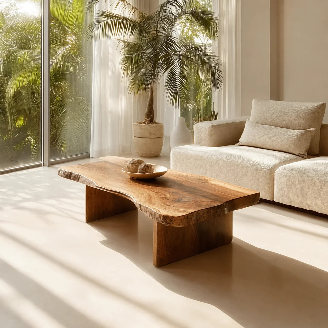 Live Edge Slab Coffee Table with Double Block Base in Natural Solid Wood - Rustiracraft
