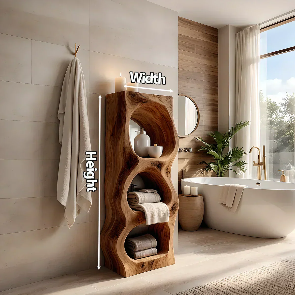 Live Edge Solid Wood Bathroom Storage Tower – Rustic Carved Design - Rustiracraft 