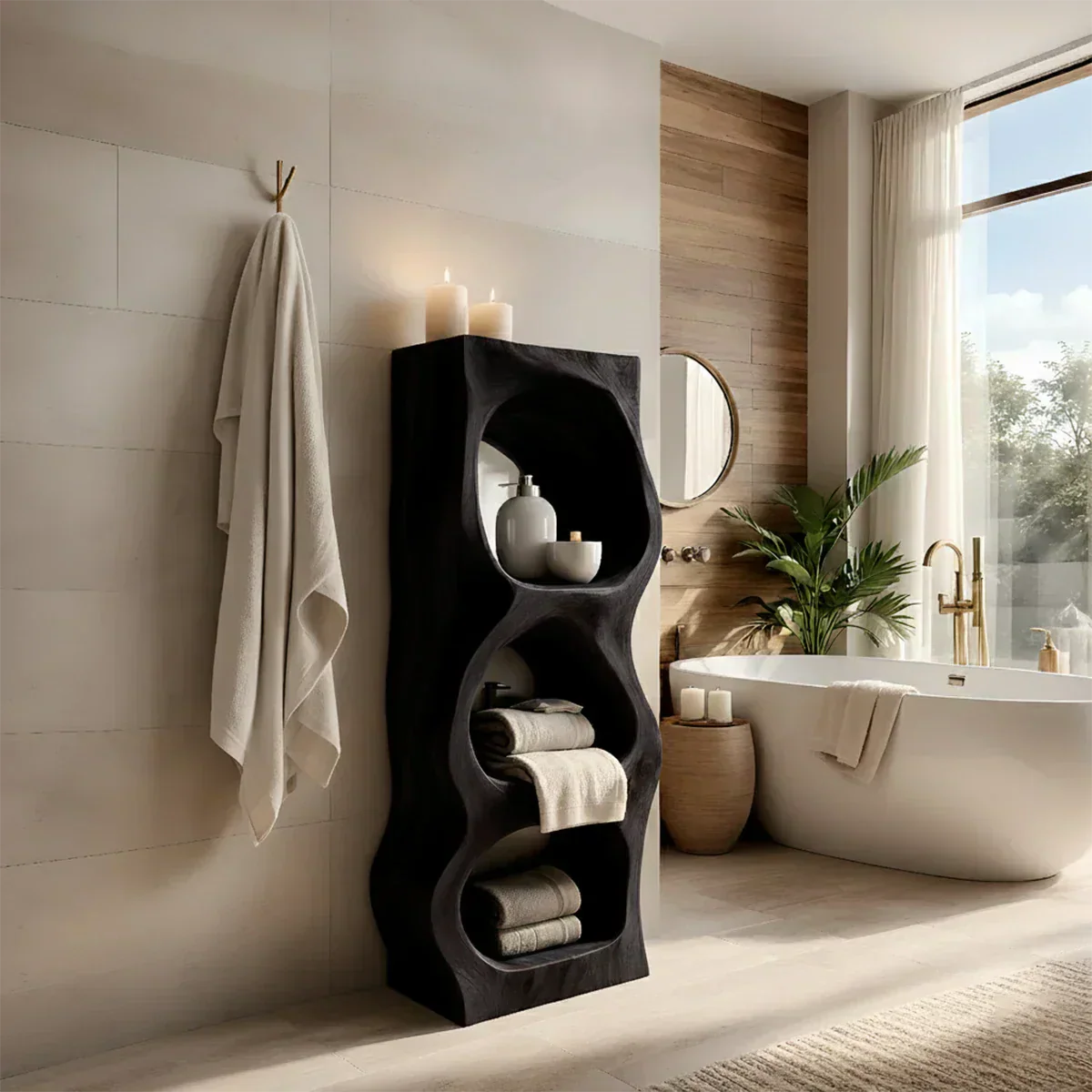 Live Edge Solid Wood Bathroom Storage Tower – Rustic Carved Design - Rustiracraft 