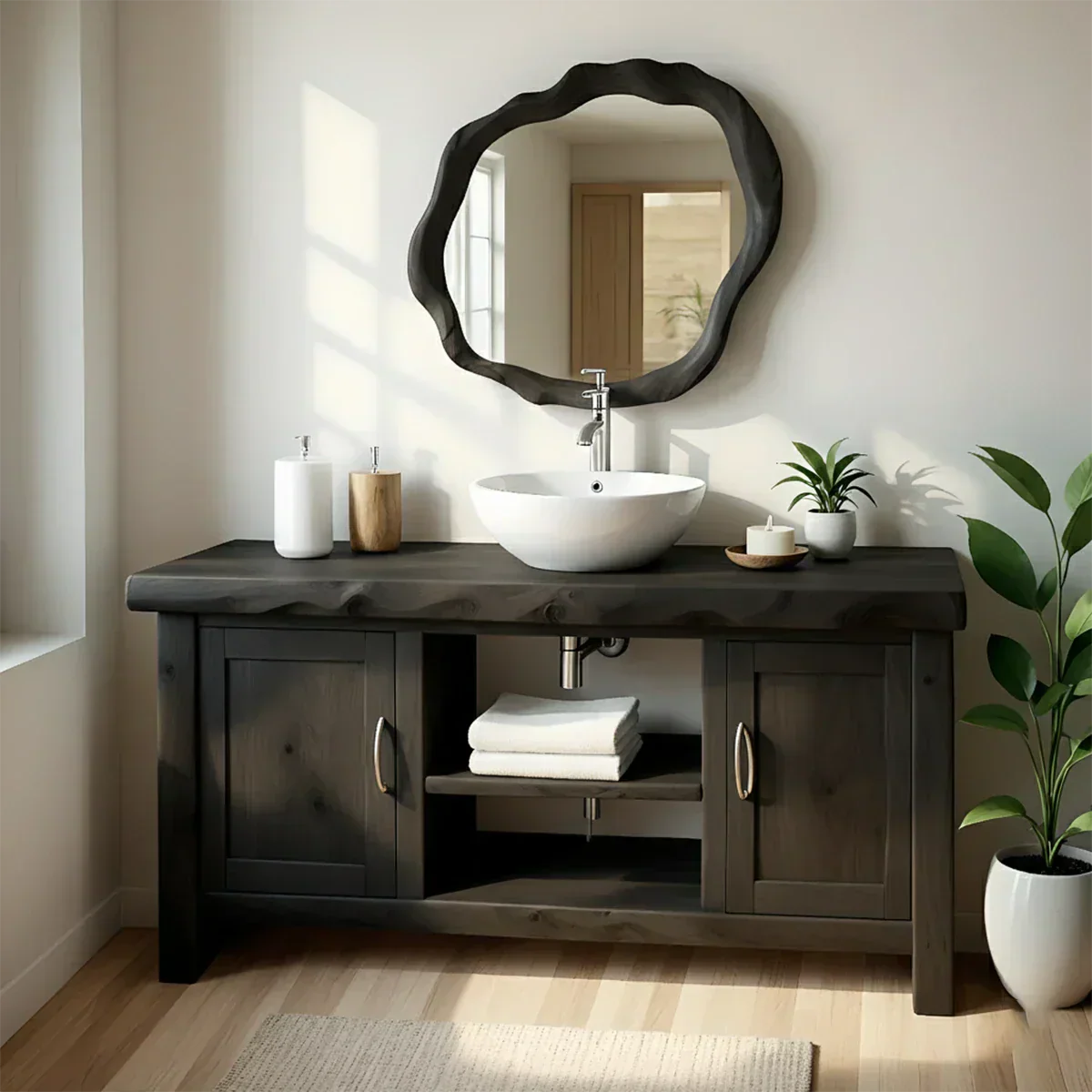 Live Edge Solid Wood Bathroom Vanity – Japandi Minimalist - Rustiracraft 