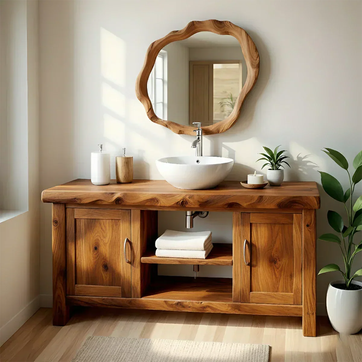Live Edge Solid Wood Bathroom Vanity – Japandi Minimalist - Rustiracraft 