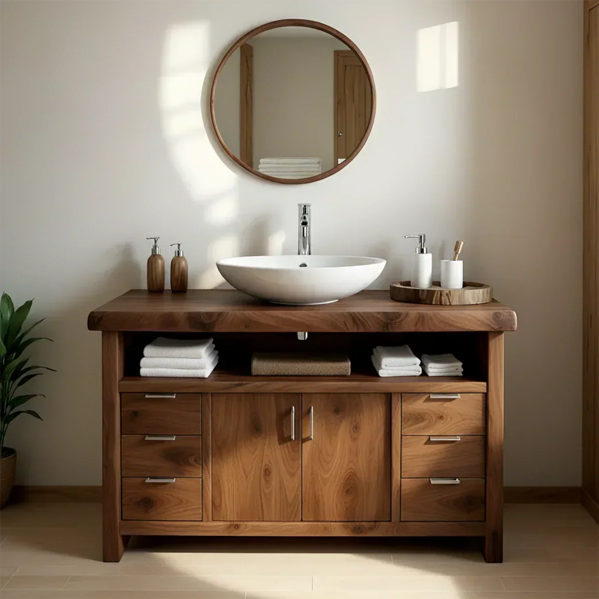 Live Edge Solid Wood Bathroom Vanity – Japandi Rustic Design - Rustiracraft 