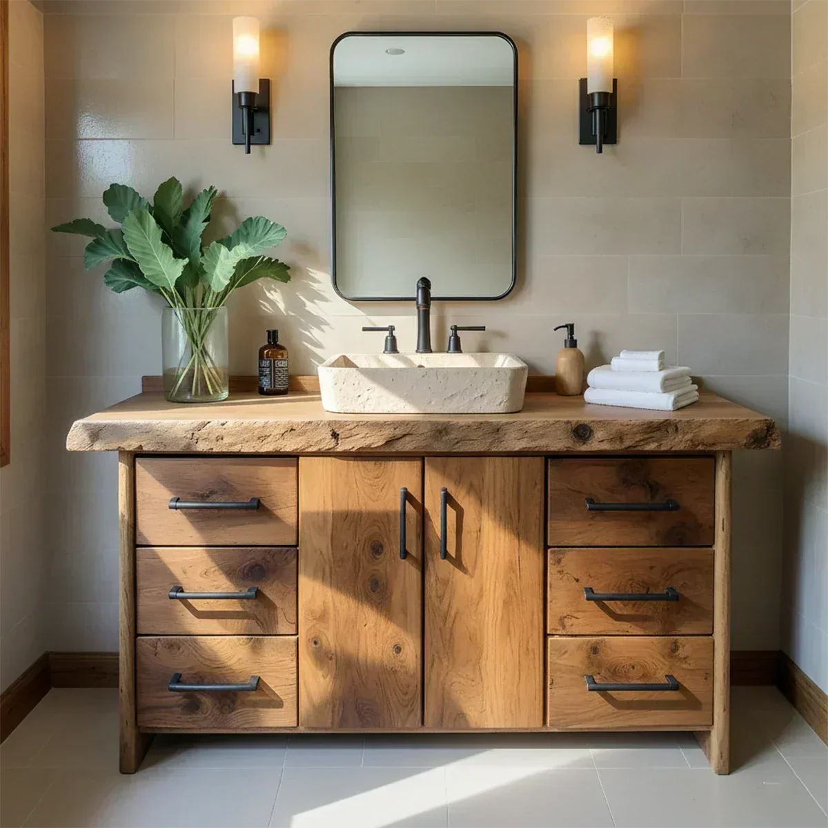 Live Edge Solid Wood Bathroom Vanity – Rustic Wabi-Sabi Cabinet - Rustiracraft 