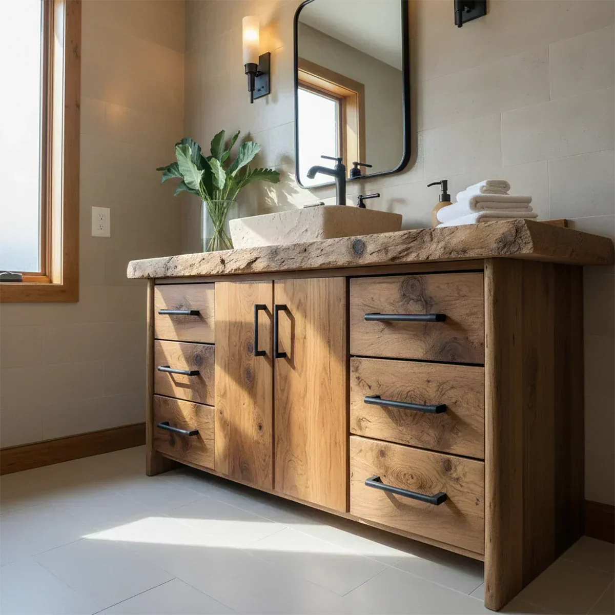 Live Edge Solid Wood Bathroom Vanity – Rustic Wabi-Sabi Cabinet - Rustiracraft 