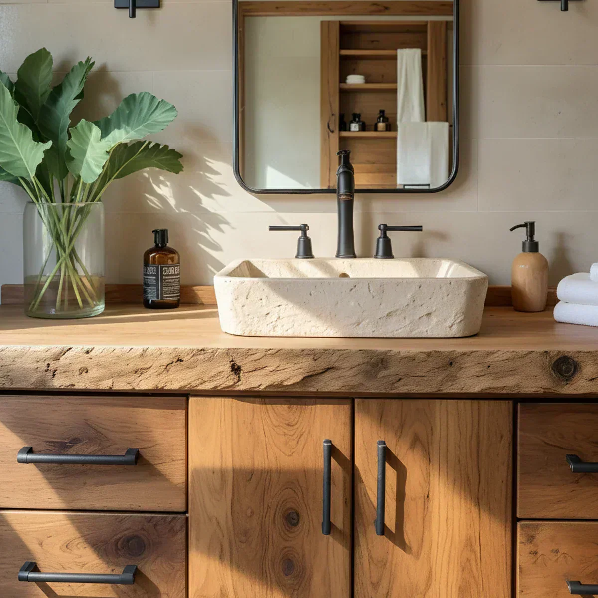 Live Edge Solid Wood Bathroom Vanity – Rustic Wabi-Sabi Cabinet - Rustiracraft 