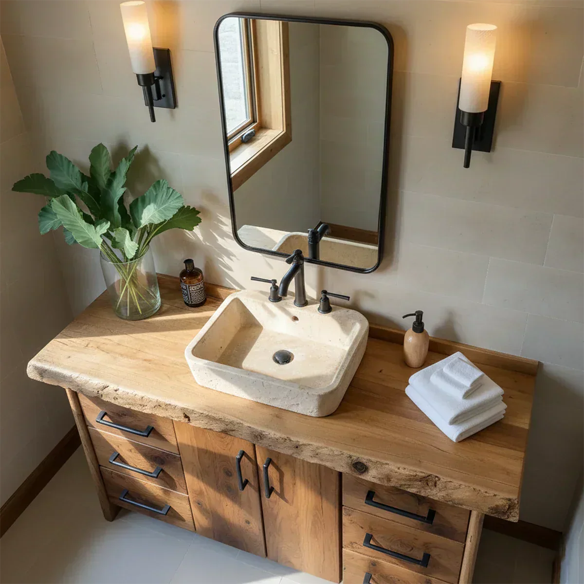 Live Edge Solid Wood Bathroom Vanity – Rustic Wabi-Sabi Cabinet - Rustiracraft 