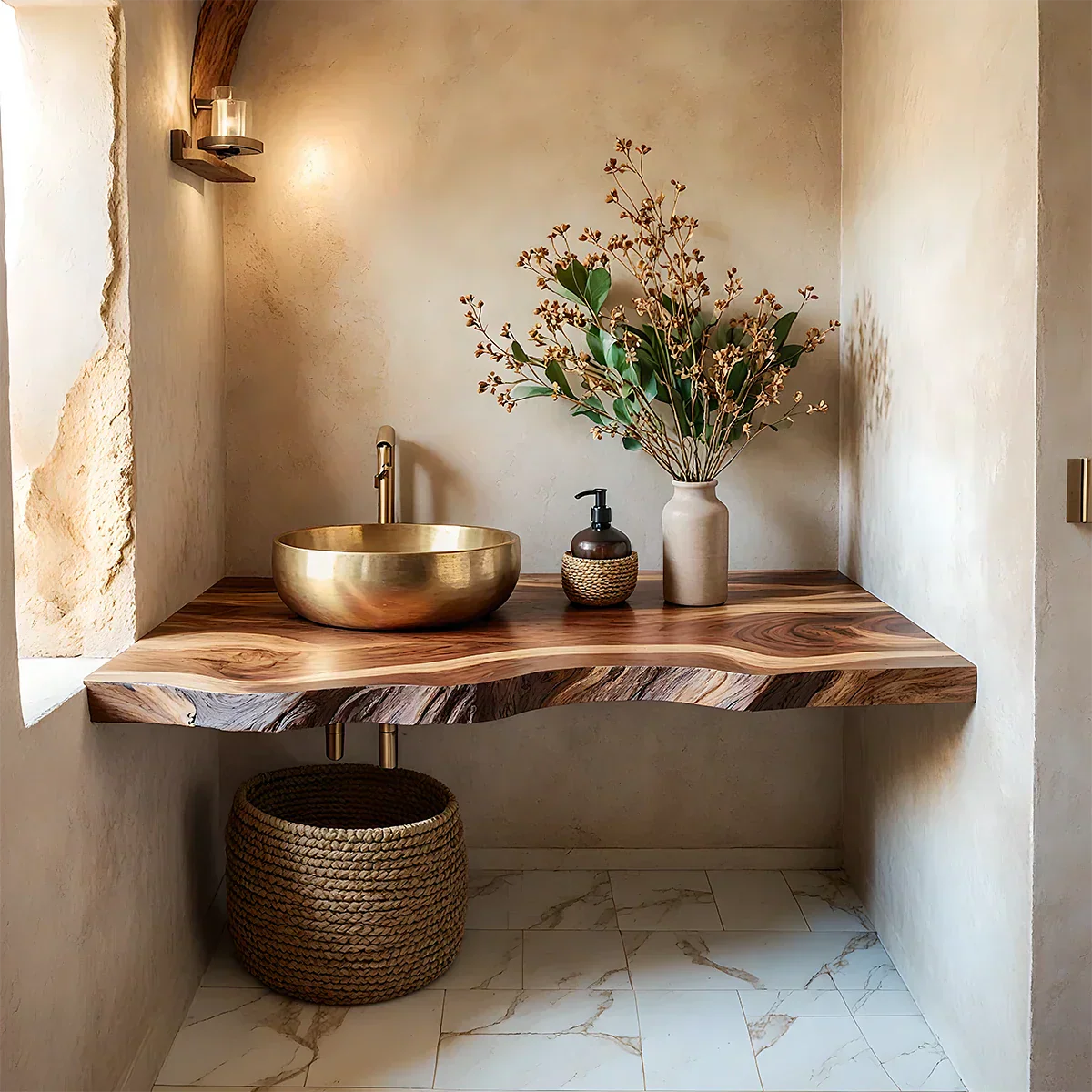 Live Edge Solid Wood Bathroom Vanity Shelf – Custom Floating Slab - Rustiracraft 