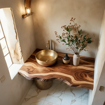 Live Edge Solid Wood Bathroom Vanity Shelf – Custom Floating Slab - Rustiracraft 