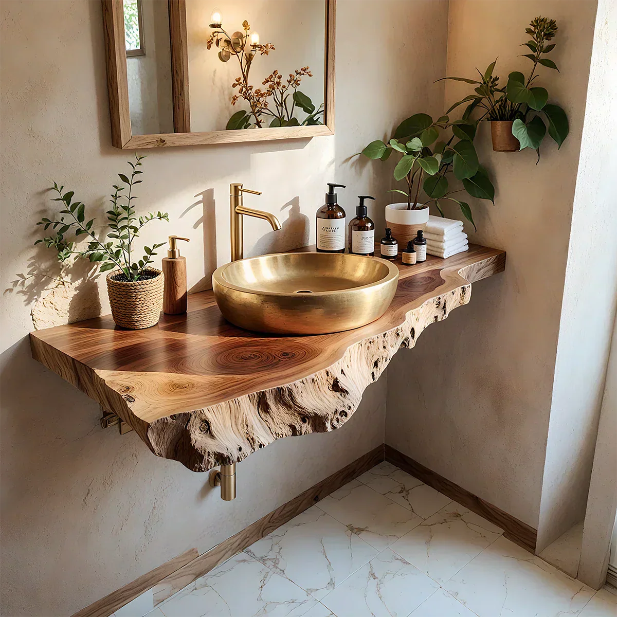Live Edge Solid Wood Bathroom Vanity Shelf | Natural Design - Rustiracraft 