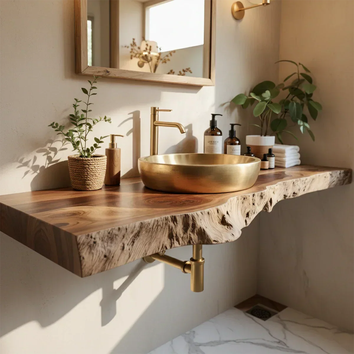 Live Edge Solid Wood Bathroom Vanity Shelf | Natural Design - Rustiracraft 