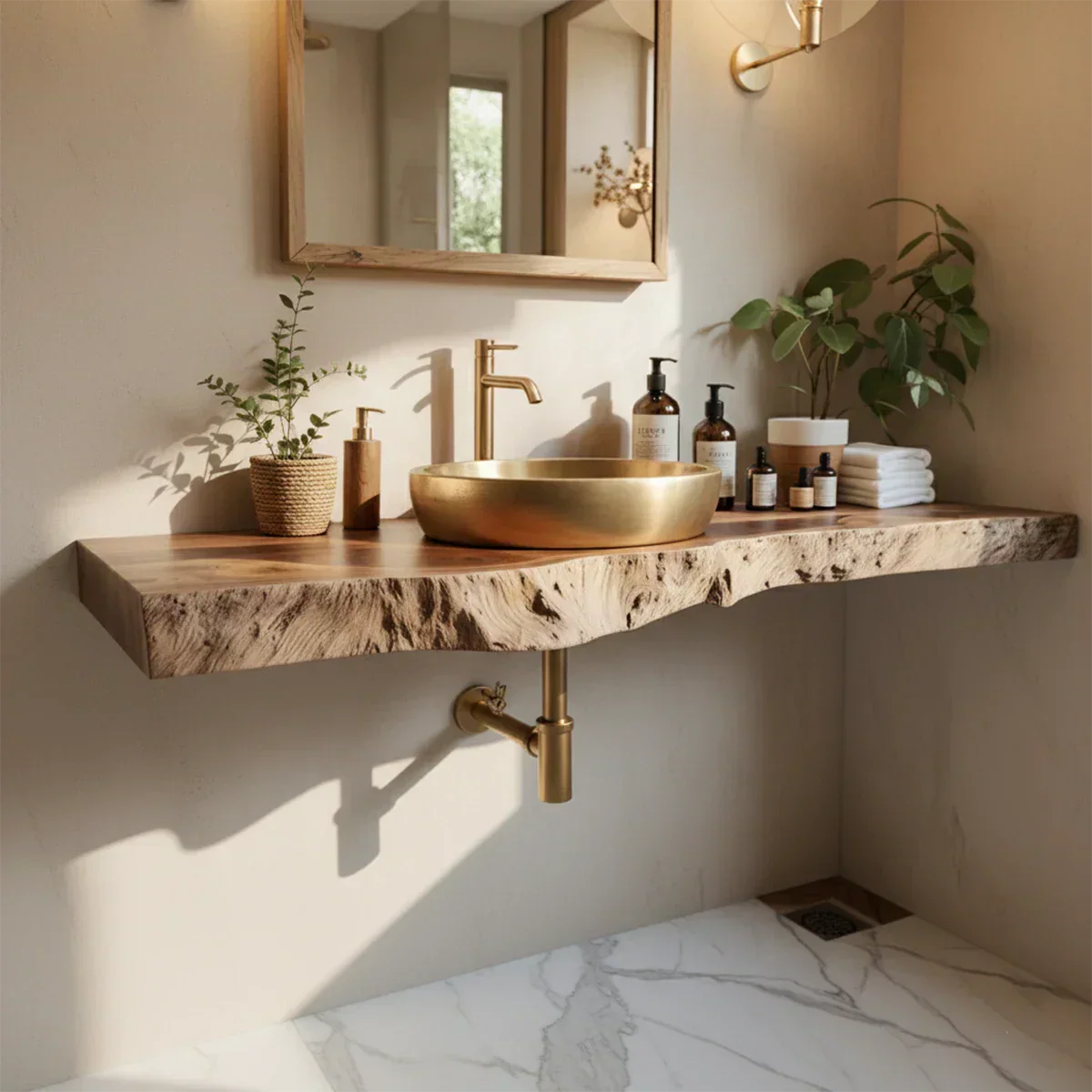 Live Edge Solid Wood Bathroom Vanity Shelf | Natural Design - Rustiracraft 