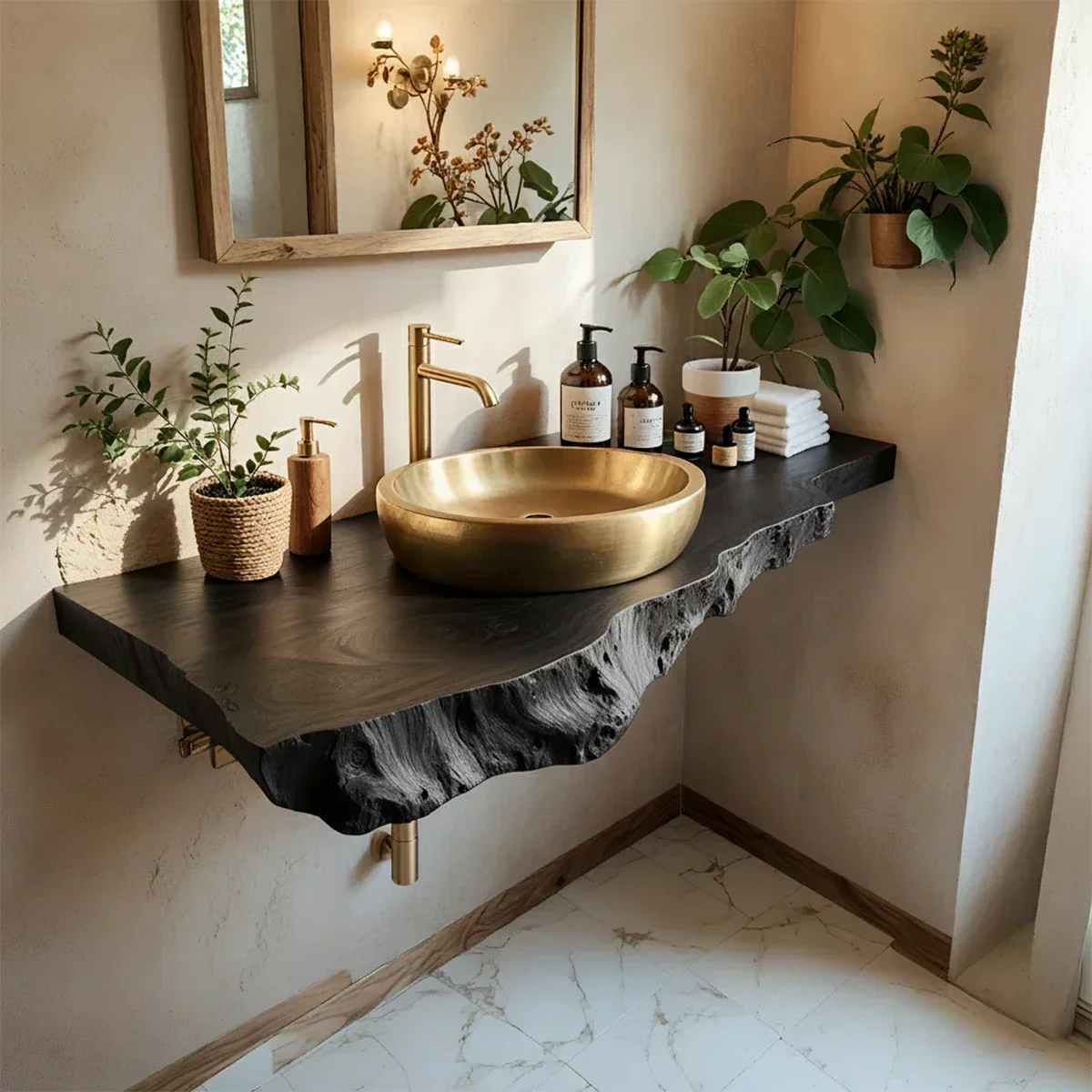 Live Edge Solid Wood Bathroom Vanity Shelf | Natural Design - Rustiracraft 