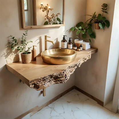 Live Edge Solid Wood Bathroom Vanity Shelf | Natural Design - Rustiracraft 