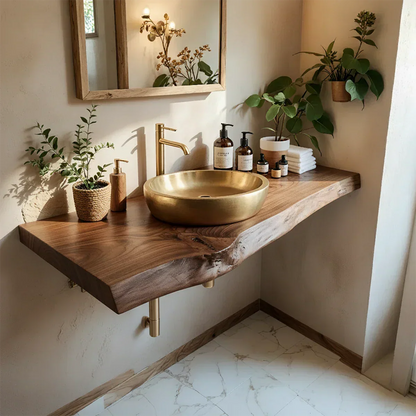 Live Edge Solid Wood Bathroom Vanity Shelf | Natural Design - Rustiracraft 