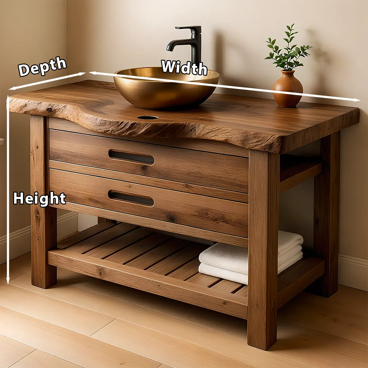 Live Edge Solid Wood Bathroom Vanity With Drawers & Open Shelf - Rustiracraft 