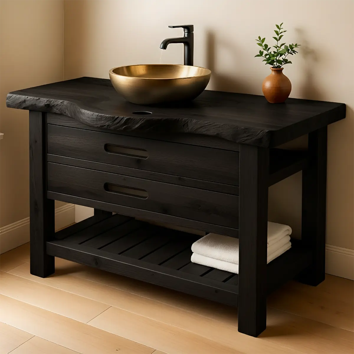 Live Edge Solid Wood Bathroom Vanity With Drawers & Open Shelf - Rustiracraft 