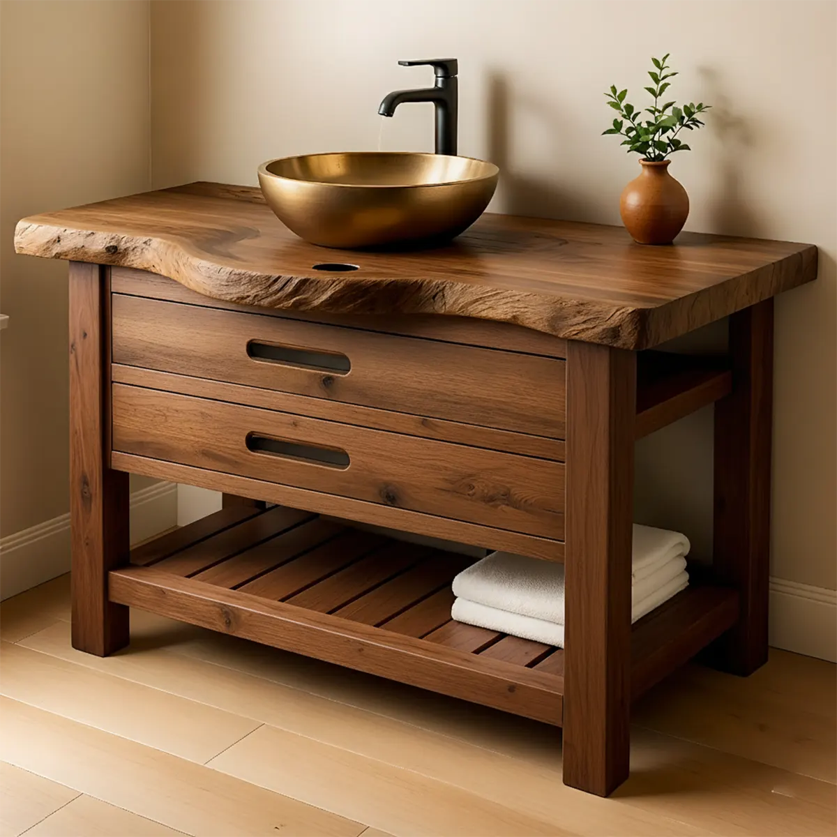 Live Edge Solid Wood Bathroom Vanity With Drawers & Open Shelf - Rustiracraft 