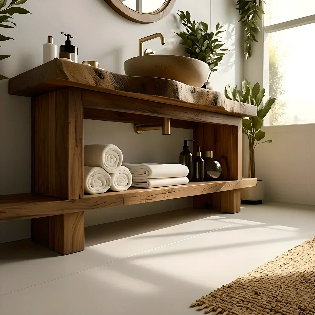 Live Edge Solid Wood Bathroom Vanity with Open Shelf – Handmade - Rustiracraft 